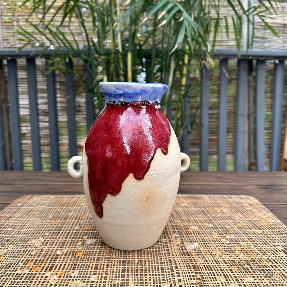 Lemax Shiwan Ware MCM Pottery Drip Glaze Vase Blue Red Art Stamped China
